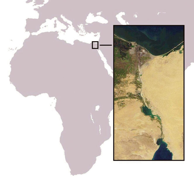 Abbildung 2: Der Suezkanal (rechts) erspart den Umweg um das Kap der Guten Hoffnung auf dem Seeweg nach Asien