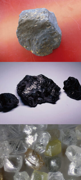 Abbildung 6. Die natürlichen Erscheinungsformen von Kohlenstoff: Graphit, Steinkohle, Diamant. Bild oben: CC/Kritzolina; Bild mittig: CC/ILoveAllTrees; Bild unten: CC/Jerry Cone