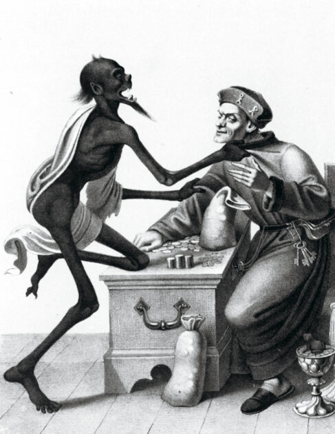 „Tod und Wucherer“ – Bild aus dem „Basler Todtentanz“ von Hieronymus Hess (1840).