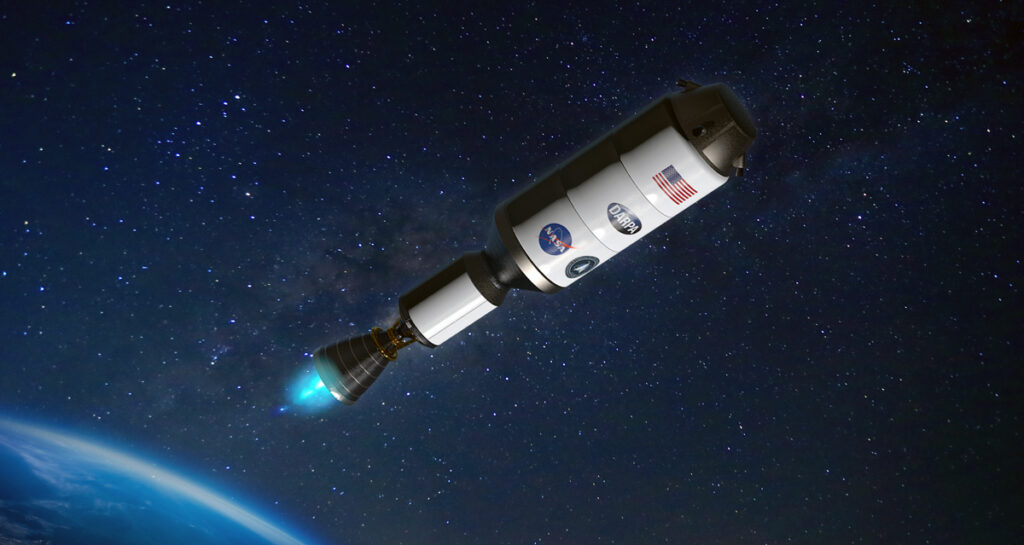 Künstlerisches Konzept des Raumfahrzeugs DRACO (Demonstration for Rocket to Agile Cislunar Operations), das einen nuklearen thermischen Raketenantrieb demonstrieren soll. Die nuklear-thermische Antriebstechnologie könnte für zukünftige NASA-Missionen mit Besatzung zum Mars eingesetzt werden. Bild: DARPA