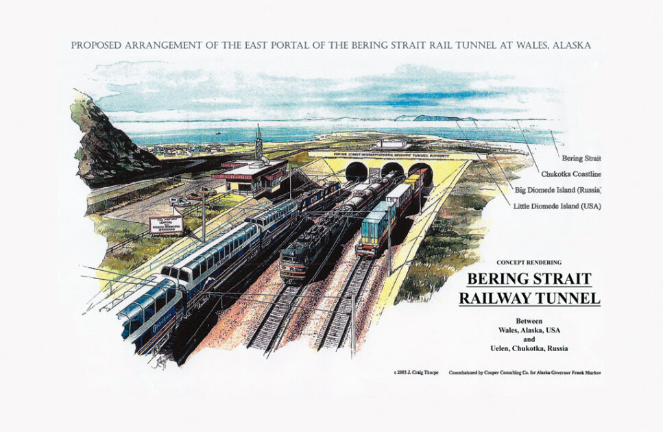 Künstlerische Darstellung des Eingangs zum geplanten Tunnel unter der Beringstraße von Alaska aus.