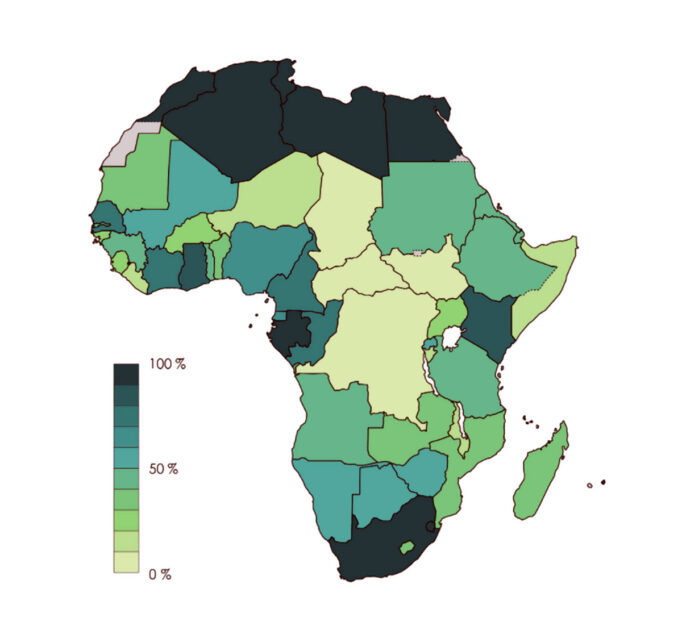 Abbildung 1. Diese Karte von Afrika zeigt, wie viel Prozent der Bevölkerung eines jeden Landes Zugang zu Elektrizität hat. (Grau unterlegte Länder haben keine Angaben.) Bild: IEA/EFISHA