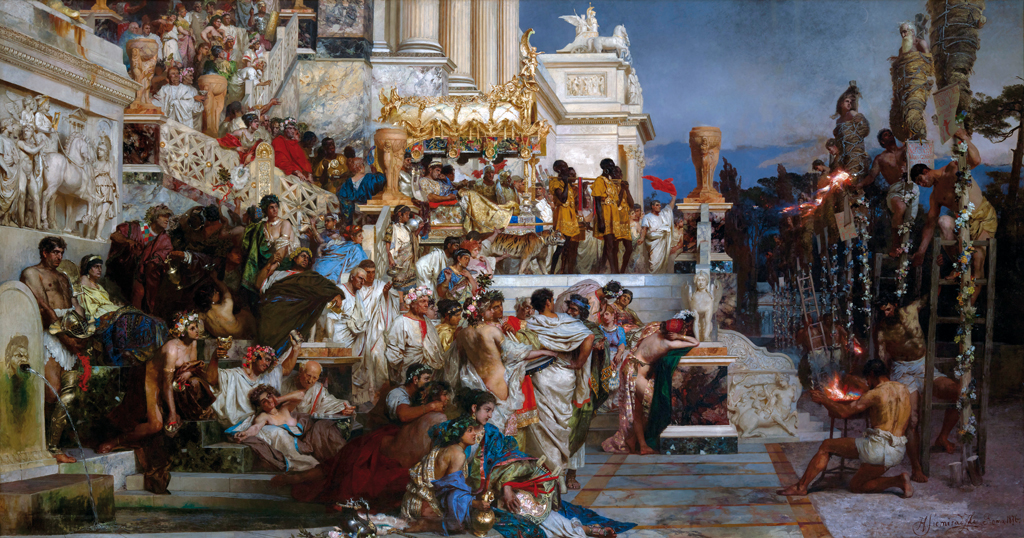Die Fackeln des Nero (1877). Historiengemälde von Henryk Siemiradzki aus dem 19. Jahrhunderts, das die von Nero lebendig verbrannten Christen zeigt.
