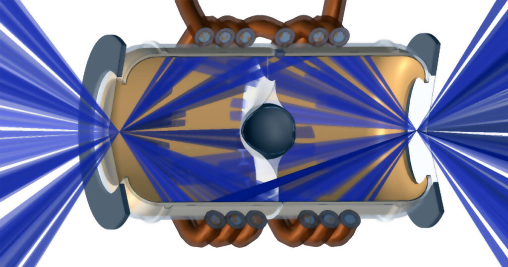 Abbildung 2. Durch den Magneteinschluß um das Brennstoffpellet verdreifachte sich die erzeugte Energiemenge der Fusionsreaktionen. Bild: Lawrence Livermore Laboratorium, USA/John Moody