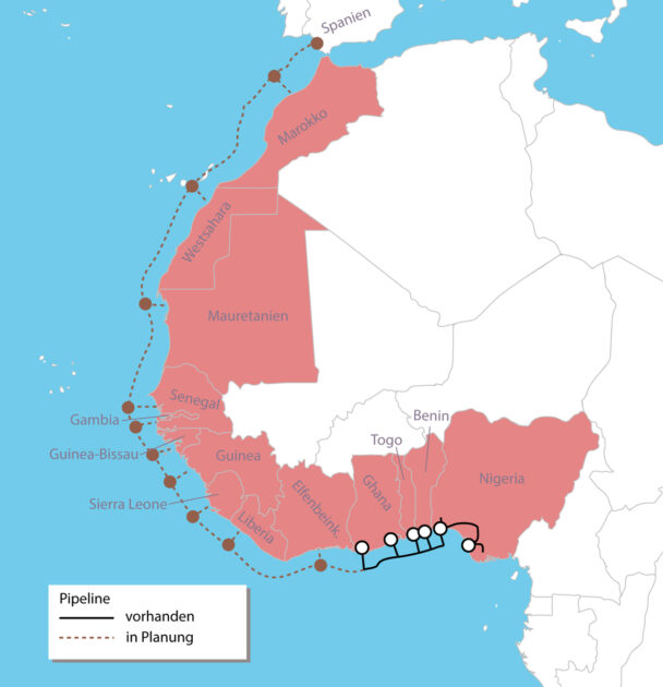 Abbildung 2. Die geplante 5660 km lange Gaspipeline Marokko-Nigeria entlang der Küste Westafrikas würde 400 Millionen Menschen in Afrika mit Brennstoff versorgen. Sie soll auch eine Verbindung nach Cádiz, Spanien, herstellen.
