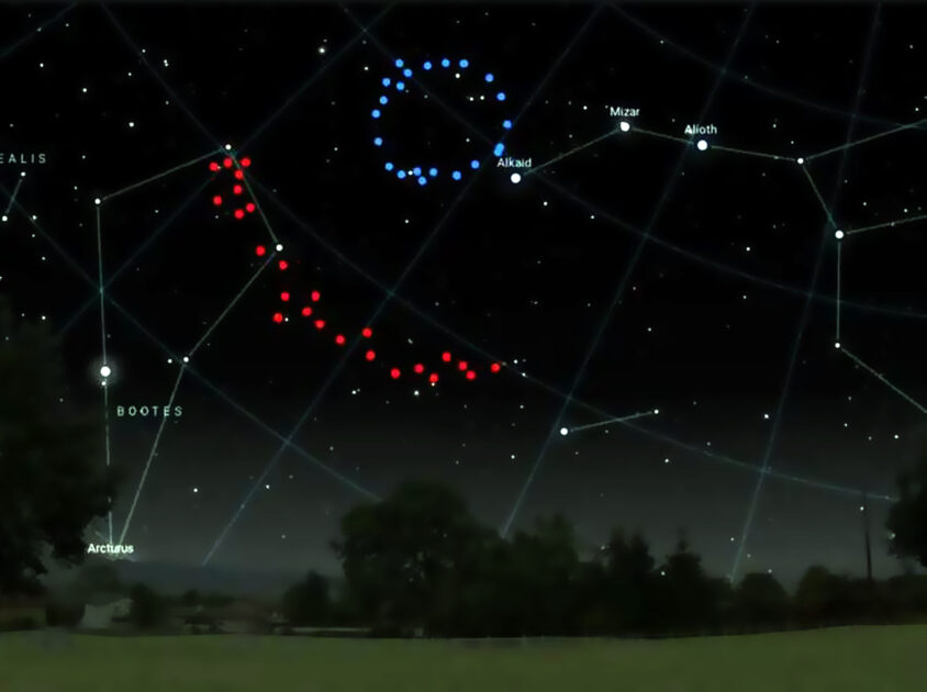 Künstlerische Darstellung davon, wie der Große Ring (blau dargestellt) und der Riesenbogen (rot dargestellt) am Himmel aussehen würden. Bild: UCLan