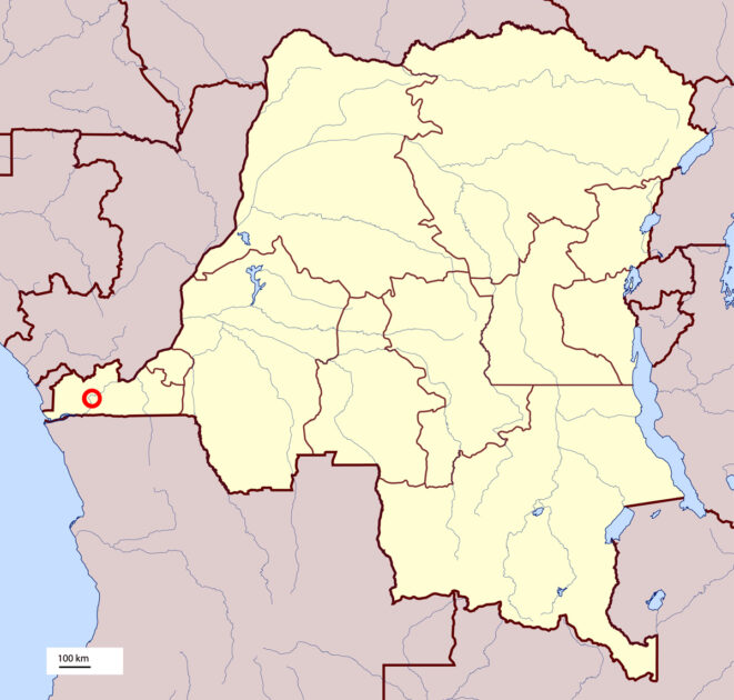 Abbildung 1. Das „Grand Inga“-Wasserkraftwerkprojekt (GIWK) liegt in der Nähe der Mündung des Kongo-Flußes (roter Kreis).