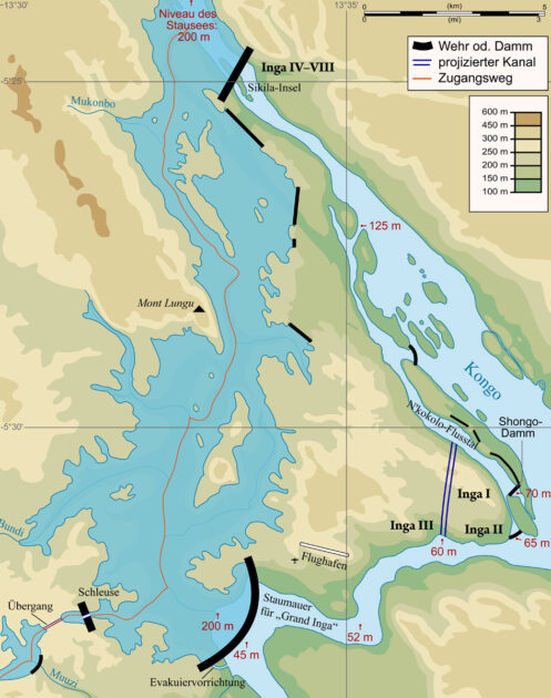 Abbildung 2. Standort der betriebenen Wasserkraftwerke Inga I und II, die mögliche Erweiterung Inga III und deren geplanten Erweiterungen flußaufwärts mit und Kraftwerken Inga IV bis VIII. Sowohl Inga I (350 MW, 1972 in Betrieb genommen) als auch Inga II (1,4 GW, 1982 in Betrieb genommen) arbeiten aufgrund politischer Unruhen und mangelnder Wartung bisher unter ihrer Kapazität. Bild: Wikipedia/Sémhur