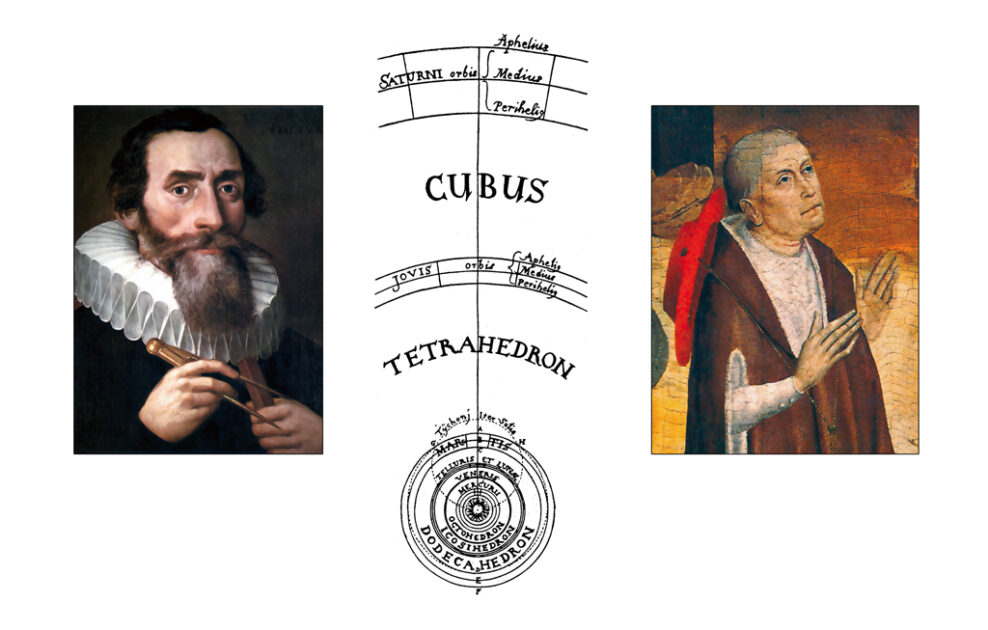 In seinem Werk „De docta ignorantia“ legte Nicolaus de Cusa (rechts) die Grundzüge der modernen europäischen experimentellen Wissenschaft dar. Der bedeutendste unter den Anhängern des Cusaners war Johannes Kepler (links). In der Abbildung aus seiner „Weltharmonik“ (1619) zeigt Kepler, dass der Raum zwischen den Planetenbahnen den Platonischen Körpern entspricht.