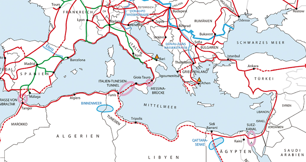 Abbildung 5. Ein ringförmiges Mobilitätssystem für das Mittelmeer, in dem die verschiedenen Verkehrsmittel zu Land und zu Wasser einander ergänzen und verstärken. Bild: BüSo