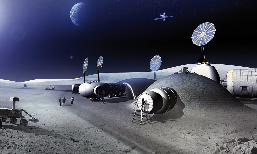 Das Konzept der ESA für ein „Moon Village“, eine permanente Mondbasis. Bild: MVA