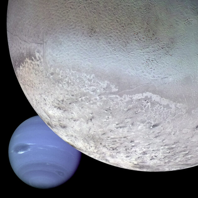 Diese Montage zeigt den Planeten Neptun, wie er von einer Raumsonde aus erscheinen würde, die sich Triton, dem größten Mond des Neptun, nähert. Mit einem nuklearen Antrieb bald keine Zukunftsvision mehr? Bild: NASA