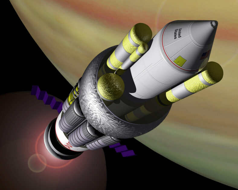 Künstlerische Darstellung des NASA-Referenzdesigns für das Orion-Projekt. Das Raumschiff sollte mit einem nuklearen Pulstriebwerk durch eine Reihe von Atombombenexplosionen angetrieben werden, die jeweils im Abstand von nur wenigen Metern hinter dem Heck des Raumschiffes stattfinden. Geschützt durch einen massiven Schutzschild und ein Stoßdämpfersystem „reitet“ das Raumschiff auf den Schockwellen der Explosionen. Bild: NASA