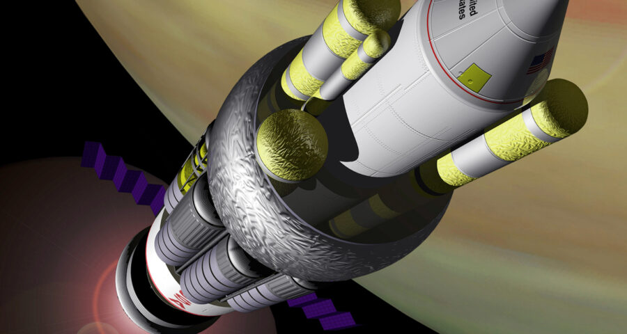 Künstlerische Darstellung des NASA-Referenzdesigns für das Orion-Projekt. Das Raumschiff sollte mit einem nuklearen Pulstriebwerk durch eine Reihe von Atombombenexplosionen angetrieben werden, die jeweils im Abstand von nur wenigen Metern hinter dem Heck des Raumschiffes stattfinden. Geschützt durch einen massiven Schutzschild und ein Stoßdämpfersystem „reitet“ das Raumschiff auf den Schockwellen der Explosionen. Bild: NASA