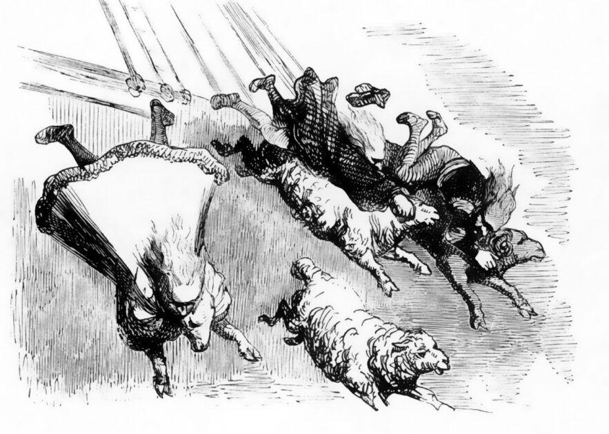 Gustave Dorés Illustration von Panurgs Schaf, das vom Schiff springt und dem alle anderen Schafe folgen. Aus dem Meisterwerk von François Rabelais, Gargantua und Pantagruel. Bild: Wikipedia
