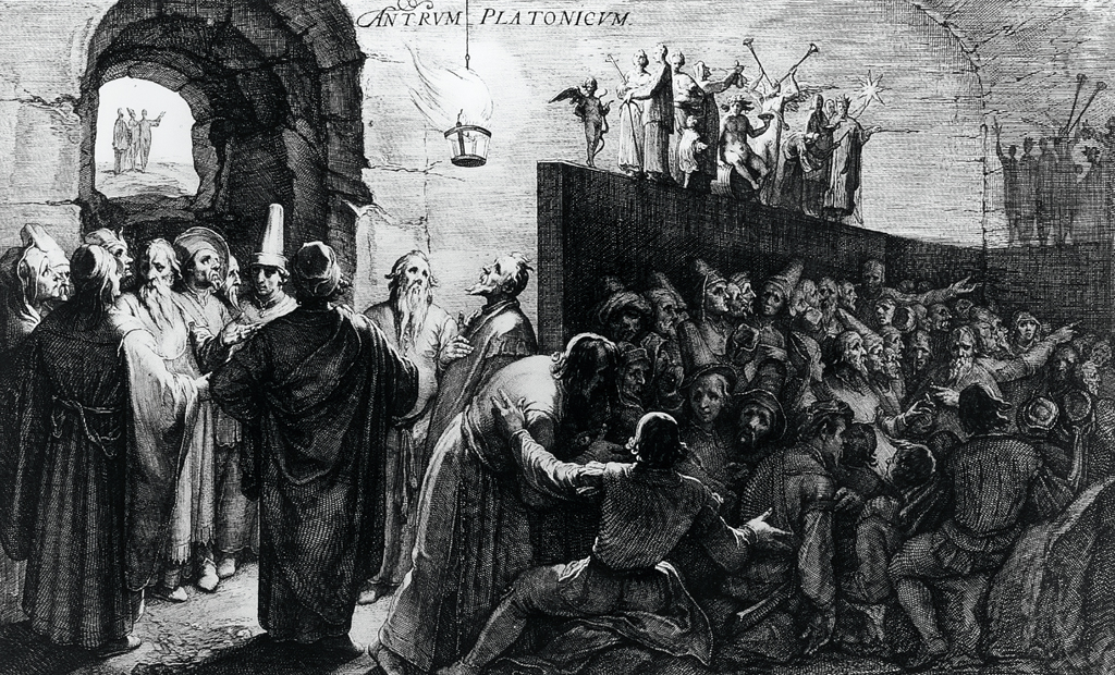 Stich von Jan Sanraedam (1565–1607) zum Höhlengleichnis nach einem Gemälde von Cornelis Corneliszoon van Haarlem (1562–1638).„Die gängige, aber inkompetente Betonung der ,Sinneswahrnehmung an sich‘ ist im Wesentlichen ein Hirngespinst – eine besondere Art von Lüge, die sich im naiven Denken festgesetzt hat.“