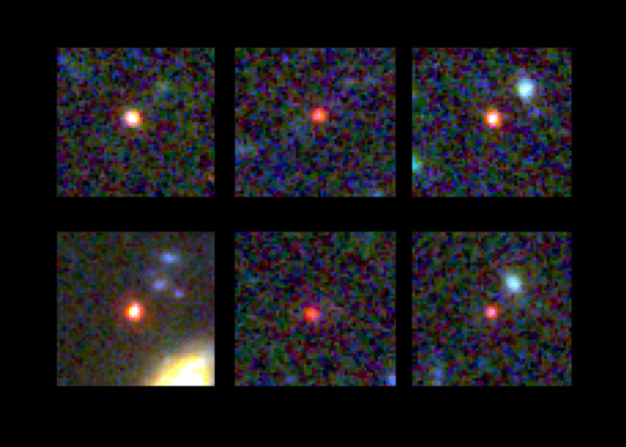 Diese sechs rötlichen Objekte zeigen Galaxien, die schon 500 bis 700 Milliarden Jahre nach dem Urknall existierten. Bild: NASA/ESA/CSA, I. Labbe