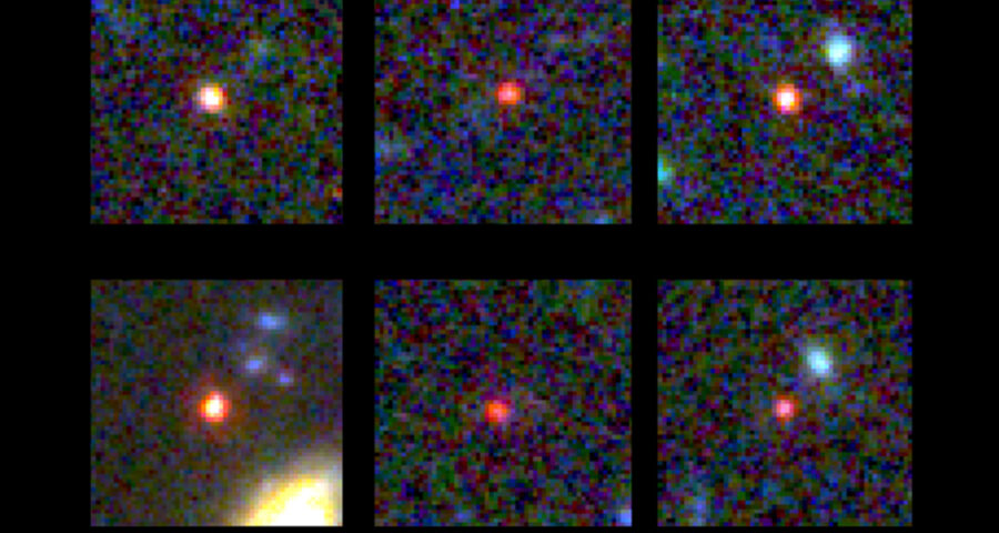 Diese sechs rötlichen Objekte zeigen Galaxien, die schon 500 bis 700 Milliarden Jahre nach dem Urknall existierten. Bild: NASA/ESA/CSA, I. Labbe