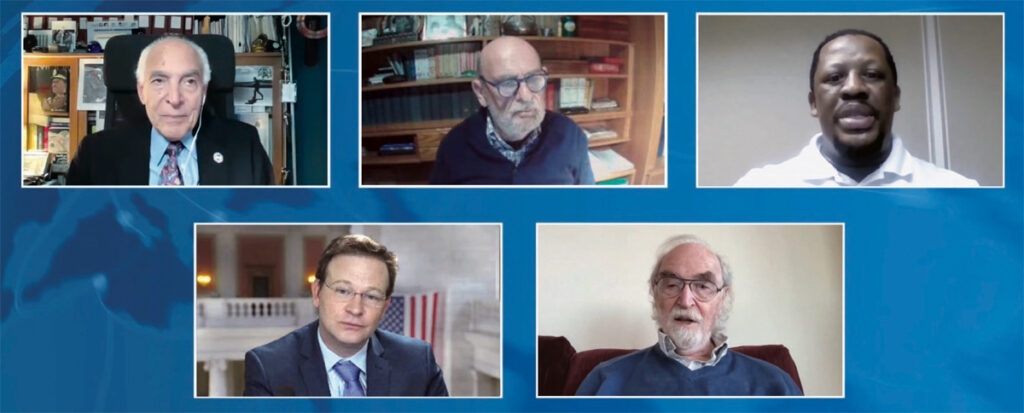 Die Teilnehmer des zweiten Panels: Von links nach rechts, obere Reihe: Dr. Farouk el-Baz, Eng. Andrea Mangano, Gaopalelwe „GP“ Santswere; untere Reihe: Jason Ross, Prof. Gerald Pollack.