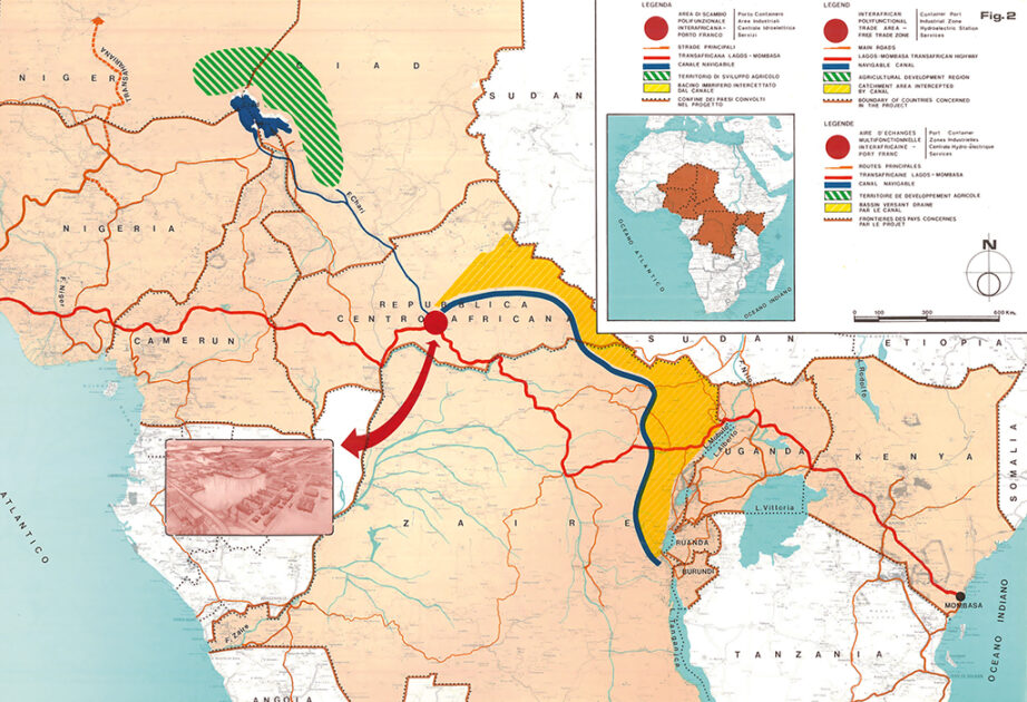 Karte des vorgeschlagenen Transaqua-Projekts, mit dem Wasser des Kongo zur Auffüllung des Tschadsees umgeleitet werden soll. Bild: Bonifica SPA