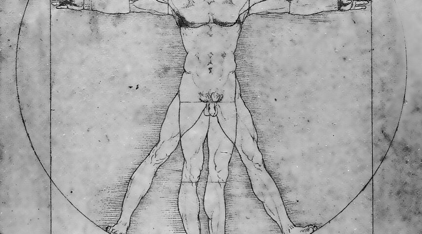 Leonardo da Vincis Zeichnung des Vitruvianischen Menschen. „Seit den Arbeiten von Luca Pacioli und Leonardo da Vinci am Ende des 15. Jahrhunderts wissen wir, daß sich lebende Prozesse in elementarer und einzigartiger Weise von nicht-lebenden Prozessen unterscheiden. Alle lebenden Prozesse zeichnen sich in ihren morphologischen Wachstums- und Funktionsmerkmalen durch eine harmonische Charakteristik aus, die man den Goldenen Schnitt nennt.“