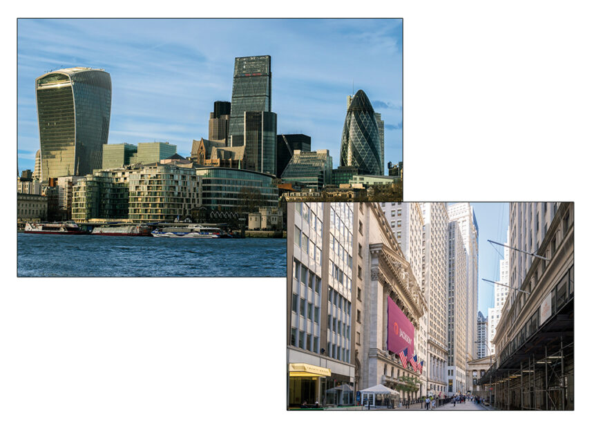 Die Orte der üblen Praktiken der globalen Finanzoligarchie: Die Britische City of London und die US-Amerikanische Wall Street.